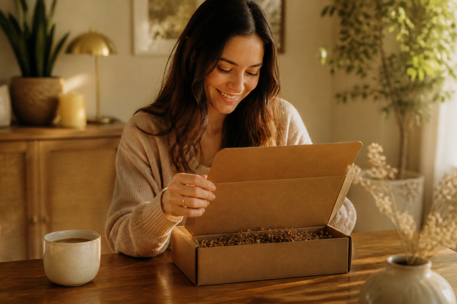 Mulher abrindo sua Mimobox em um momento aconchegante em casa