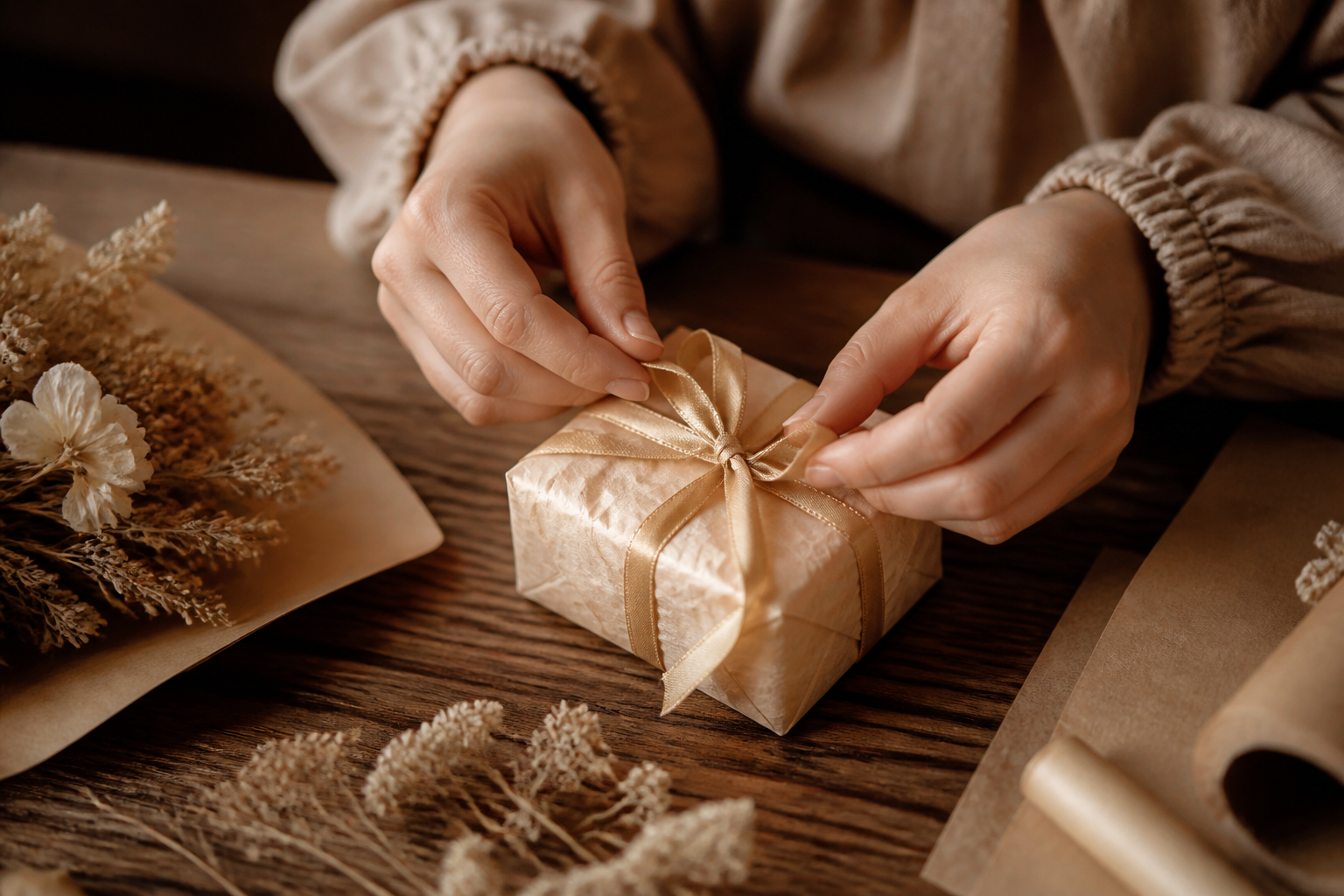 Mãos embalando cuidadosamente uma Mimobox artesanal